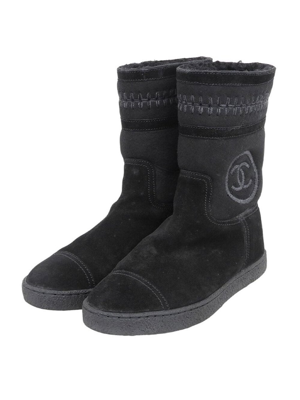 Chanel CC Logo Stitch Shearling Boots Black